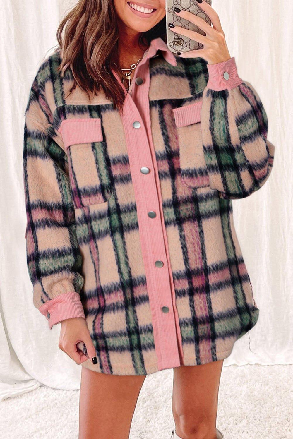 Pink Fuzzy Plaid Corduroy Patchwork Shacket - Klazzi Fashion Boutique