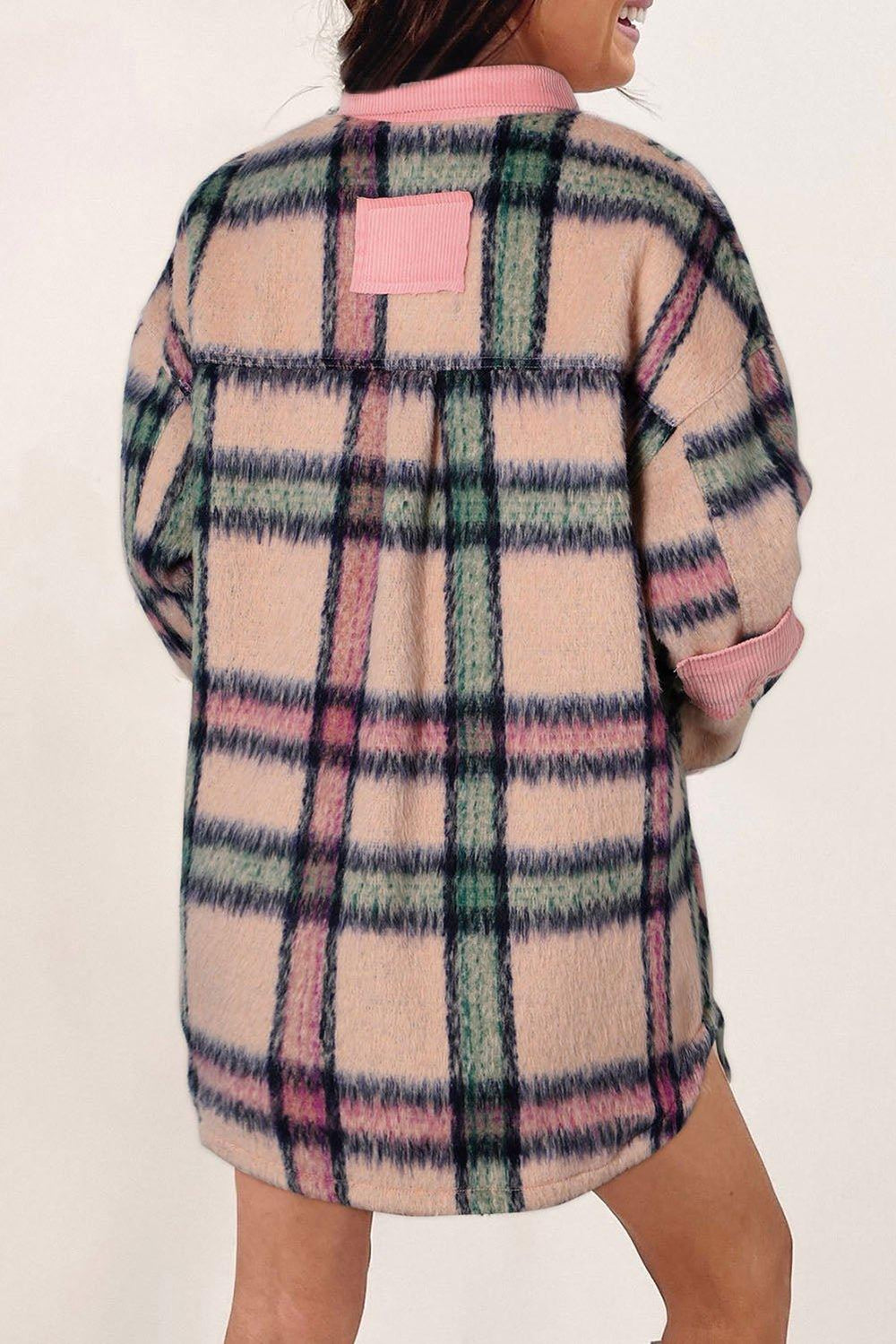 Pink Fuzzy Plaid Corduroy Patchwork Shacket - Klazzi Fashion Boutique