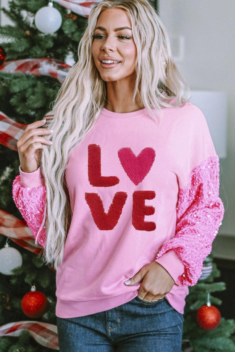 Pink Graphic "Love" Valentines Sequin Sweater - Klazzi Fashion Boutique