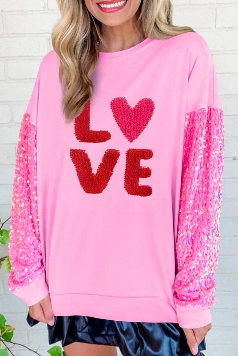 Pink Graphic "Love" Valentines Sequin Sweater - Klazzi Fashion Boutique