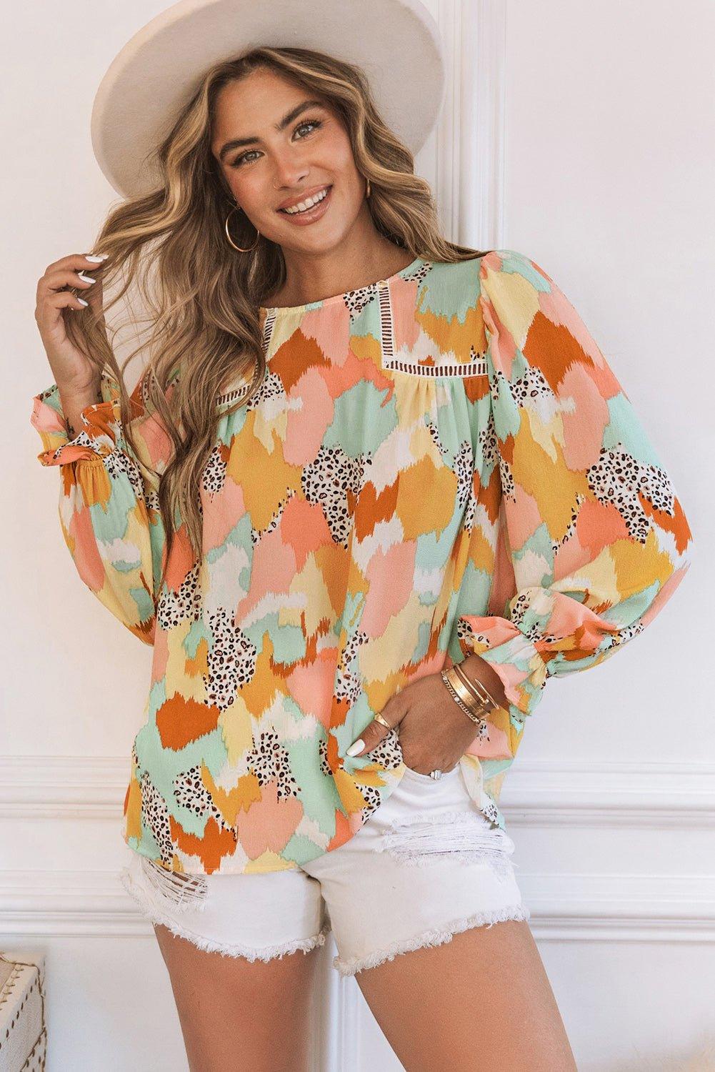 Pink Multicolor Abstract Long Sleeve Blouse - Klazzi Fashion Boutique