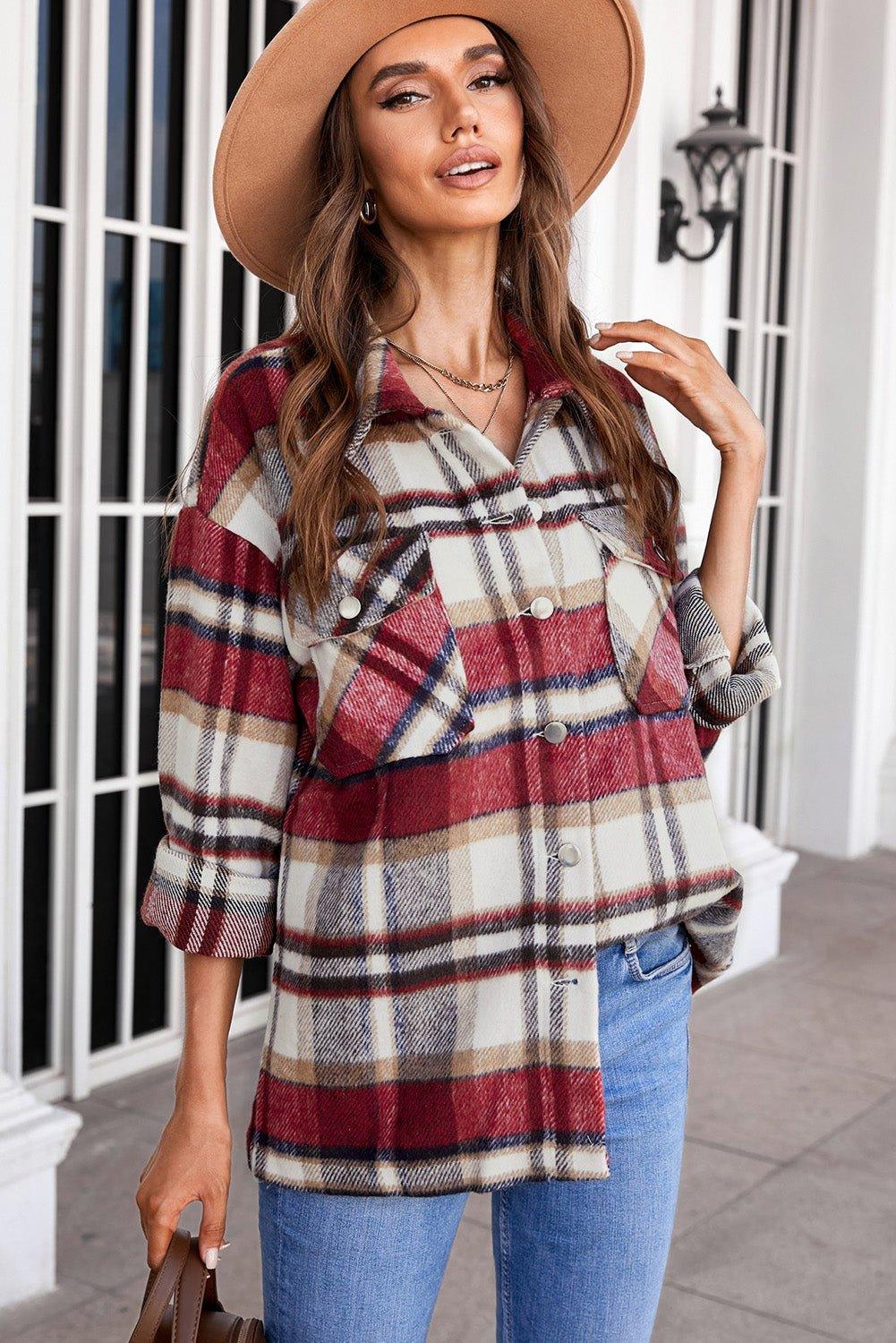 Plaid Button Down Flannel Jacket - Klazzi Fashion Boutique