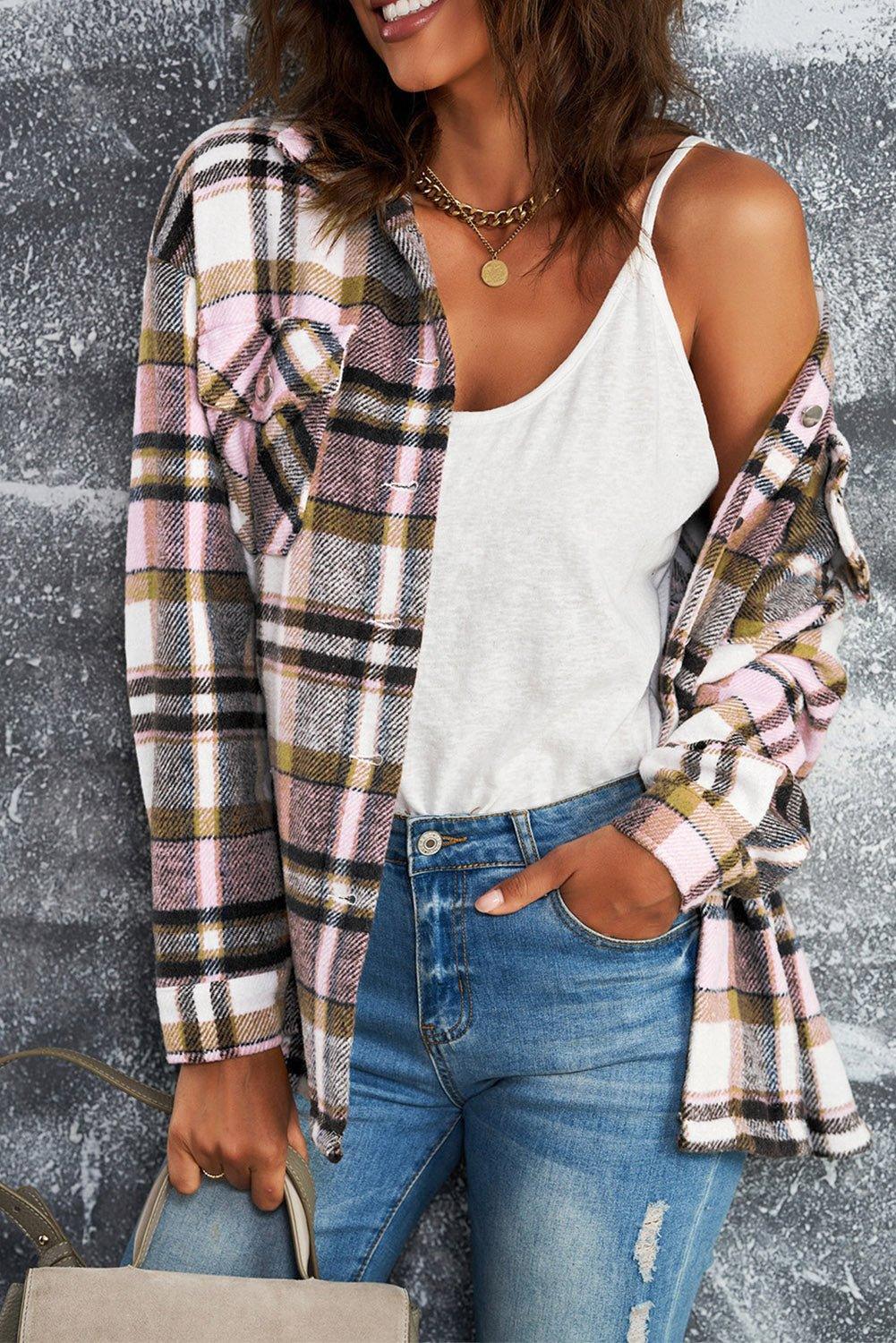 Plaid Button Down Flannel Jacket - Klazzi Fashion Boutique