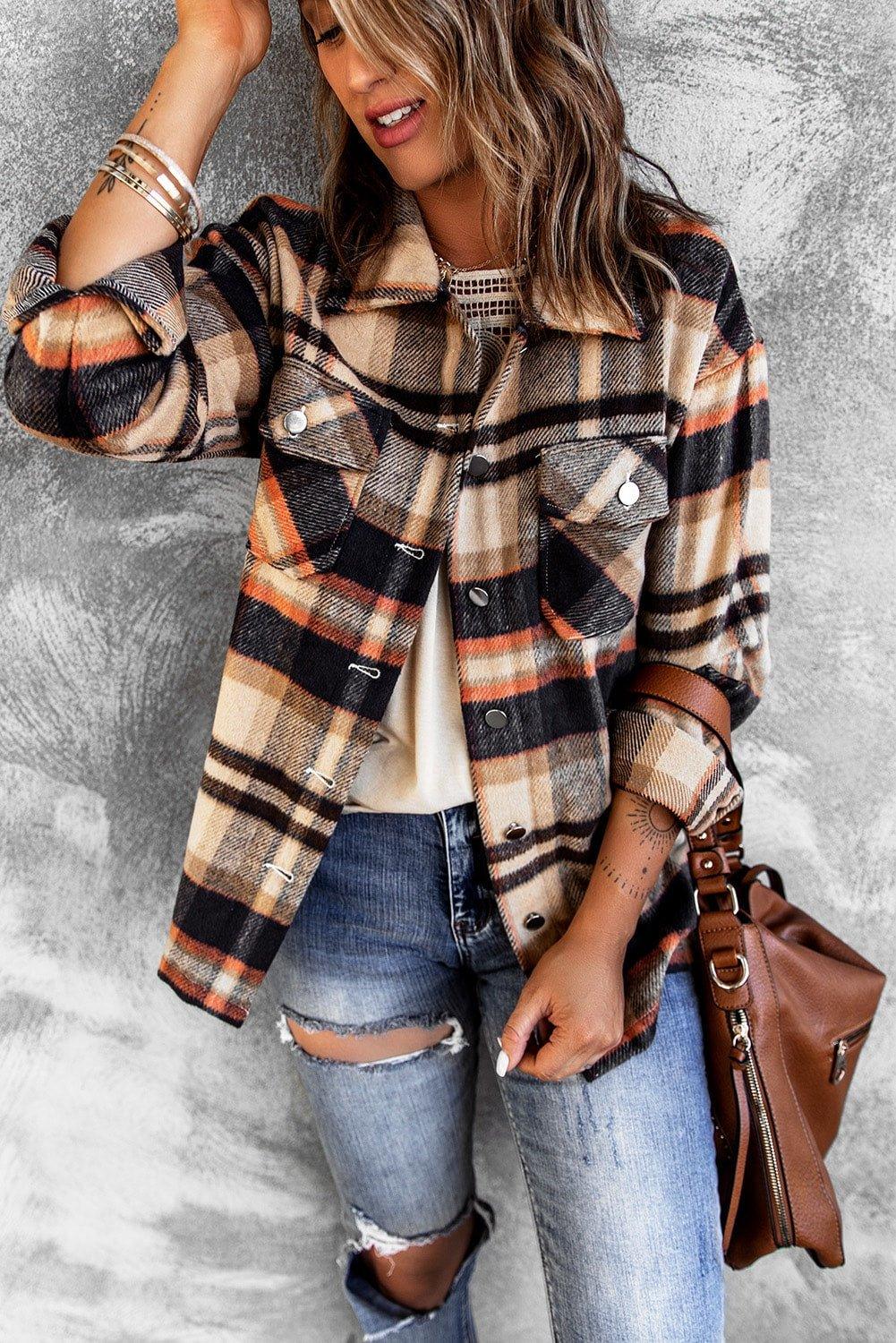 Plaid Button Down Flannel Jacket - Klazzi Fashion Boutique