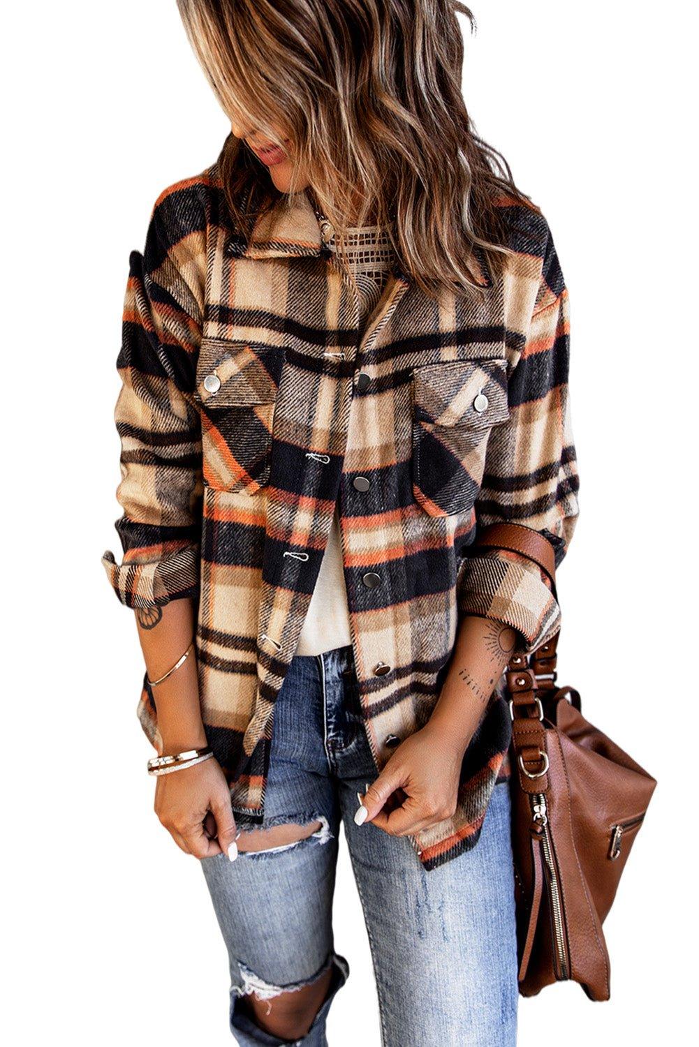 Plaid Button Down Flannel Jacket - Klazzi Fashion Boutique