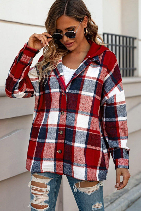 Plaid Hooded Button Down Shacket - Klazzi Fashion Boutique