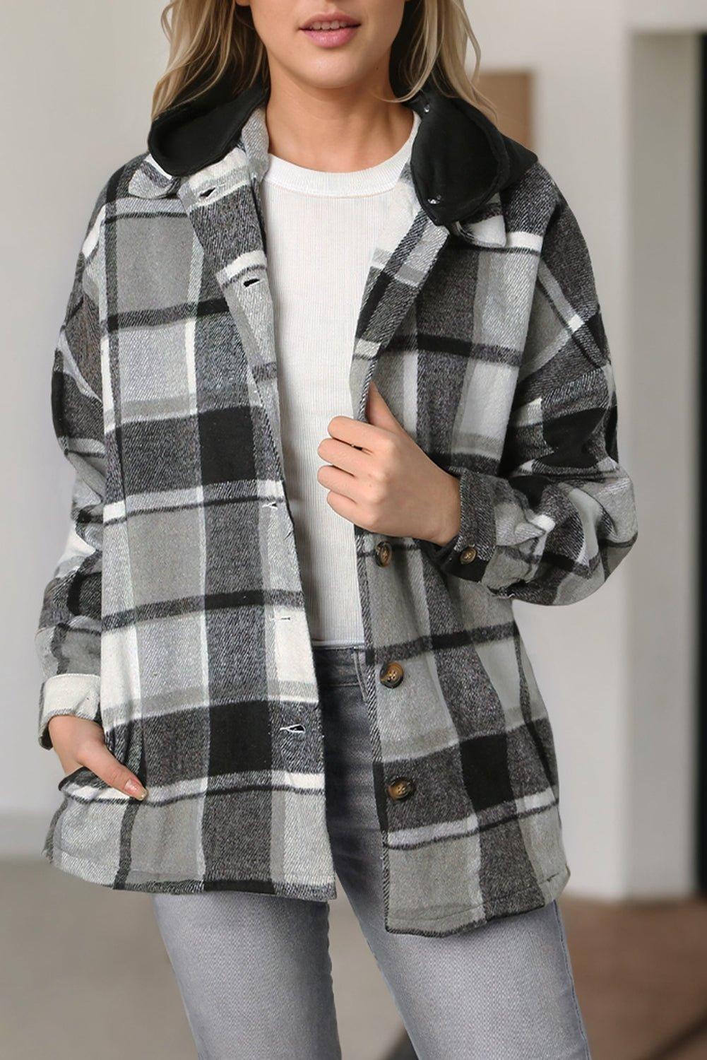 Plaid Hooded Button Down Shacket - Klazzi Fashion Boutique