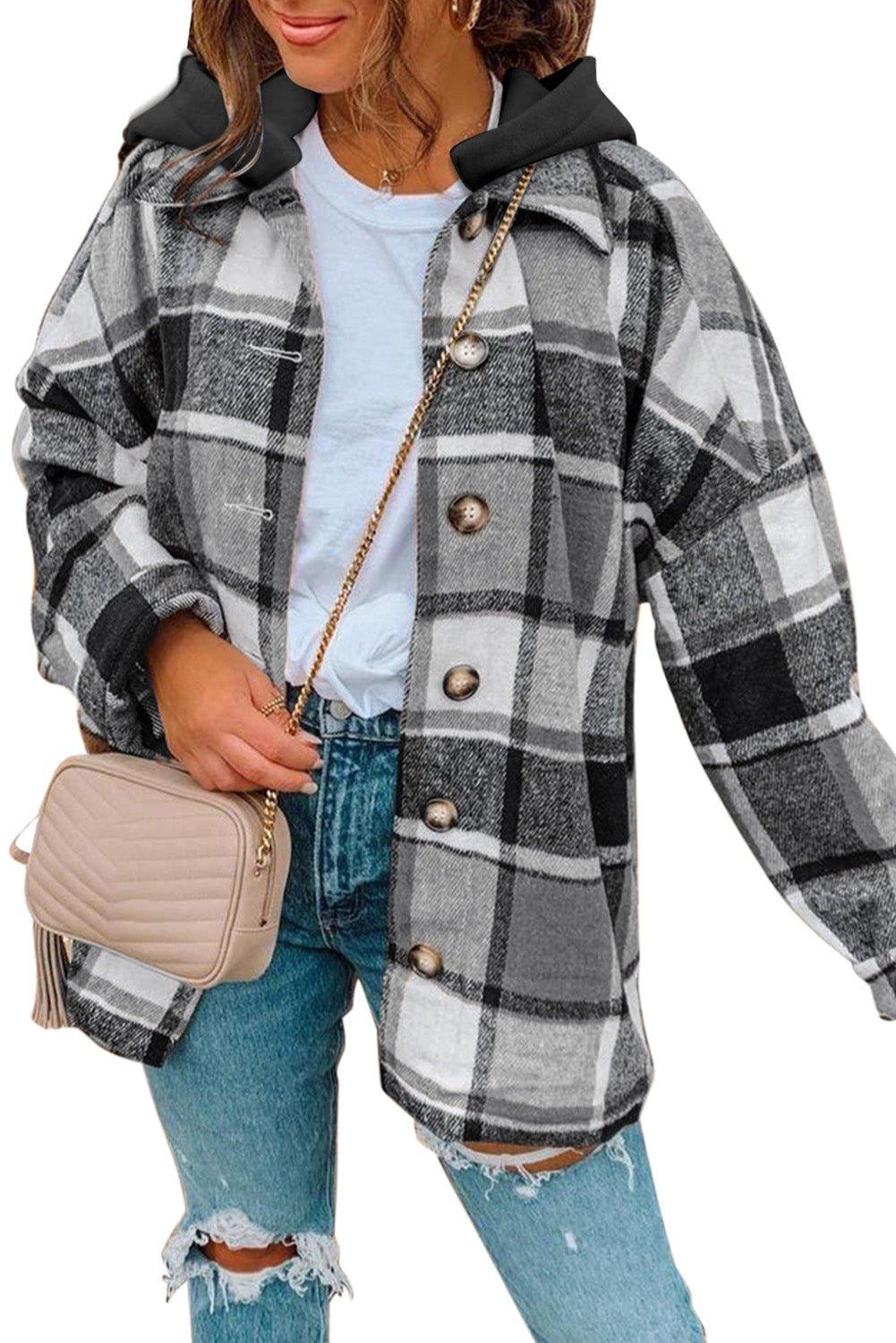 Plaid Hooded Button Down Shacket - Klazzi Fashion Boutique