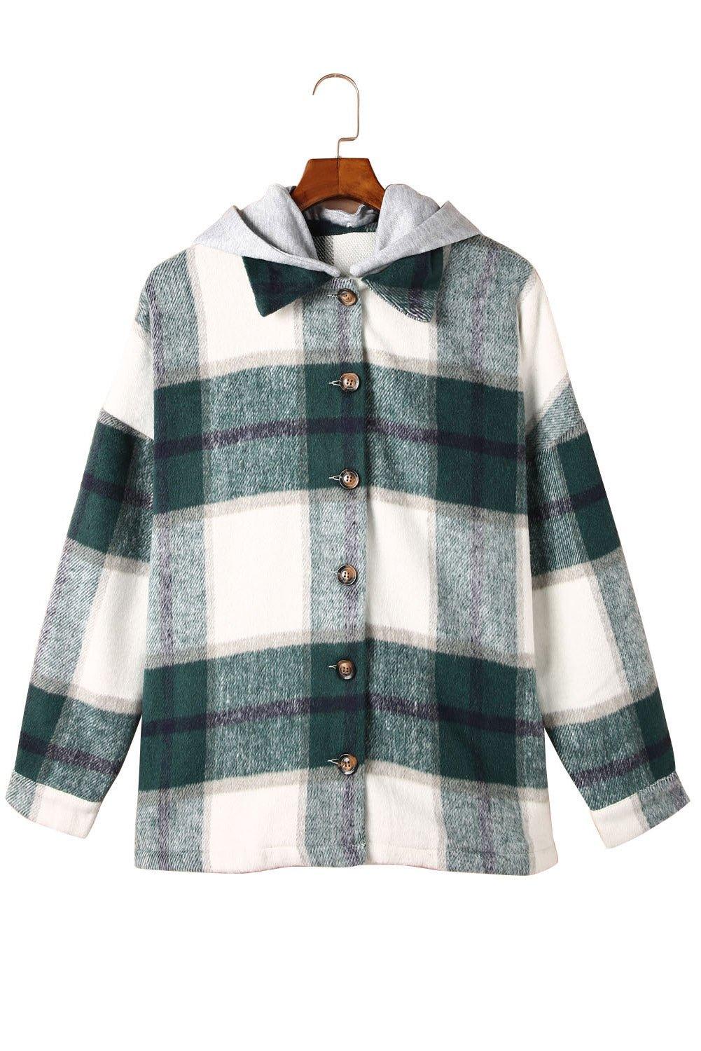 Plaid Hooded Button Down Shacket - Klazzi Fashion Boutique