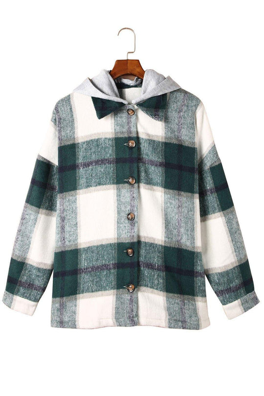 Plaid Hooded Button Down Shacket - Klazzi Fashion Boutique