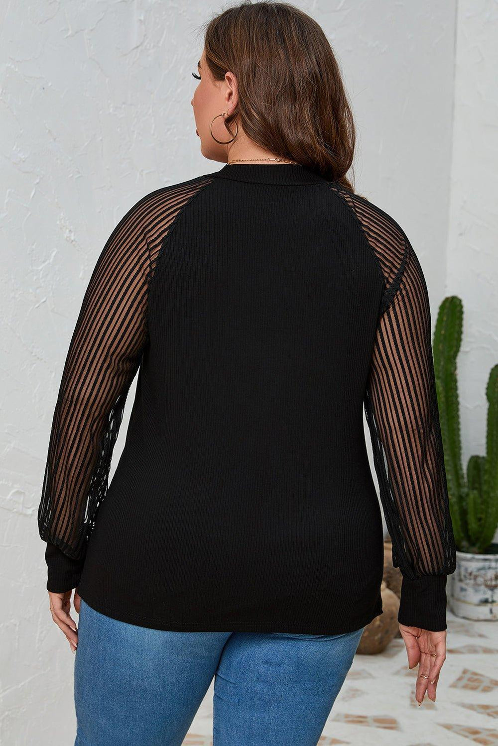 Plus Size Black Knit Sheer Striped Sleeve Blouse - Klazzi Fashion Boutique