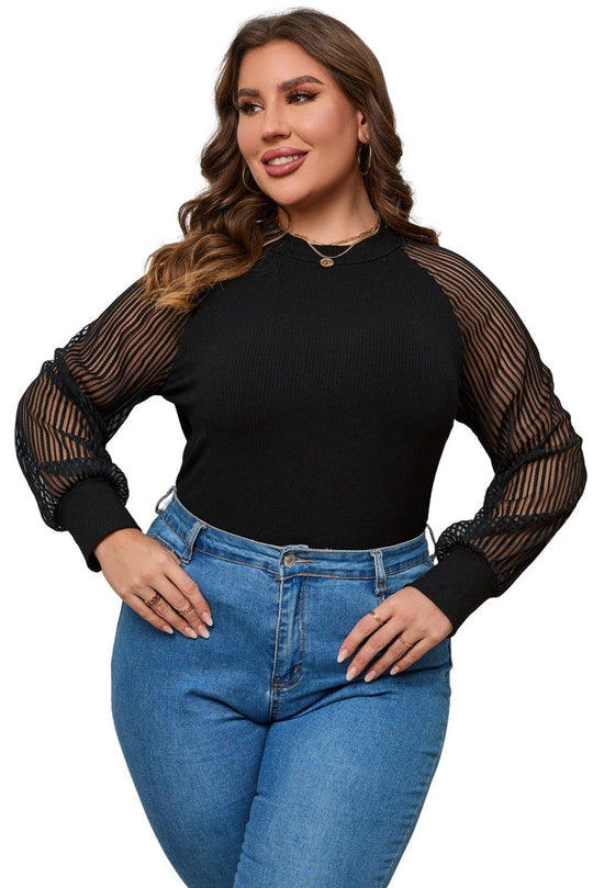 Plus Size Black Knit Sheer Striped Sleeve Blouse - Klazzi Fashion Boutique