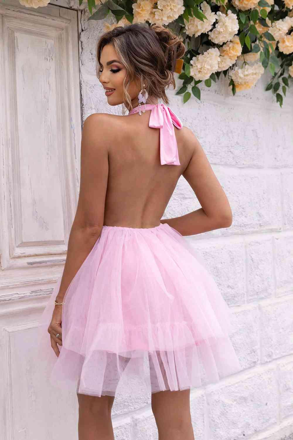 Pink Princess Backless Halter Dress