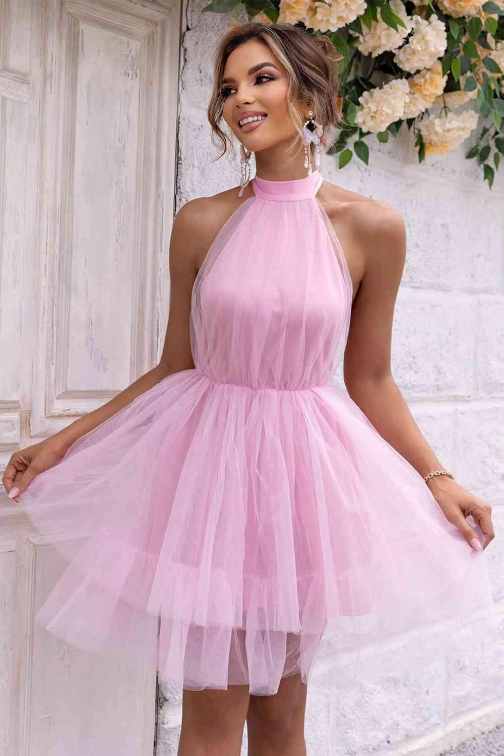 Pink Princess Backless Halter Dress