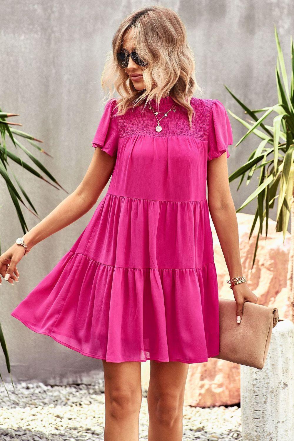 Puff Sleeve Tiered Mini Dress - Klazzi Fashion Boutique