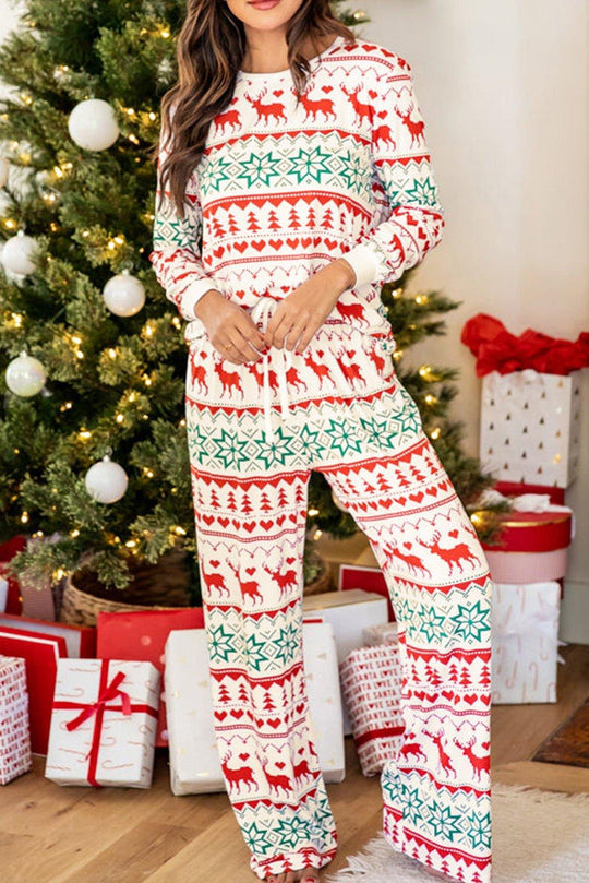 Bright White Christmas Print Pullover and Pants Lounge Set