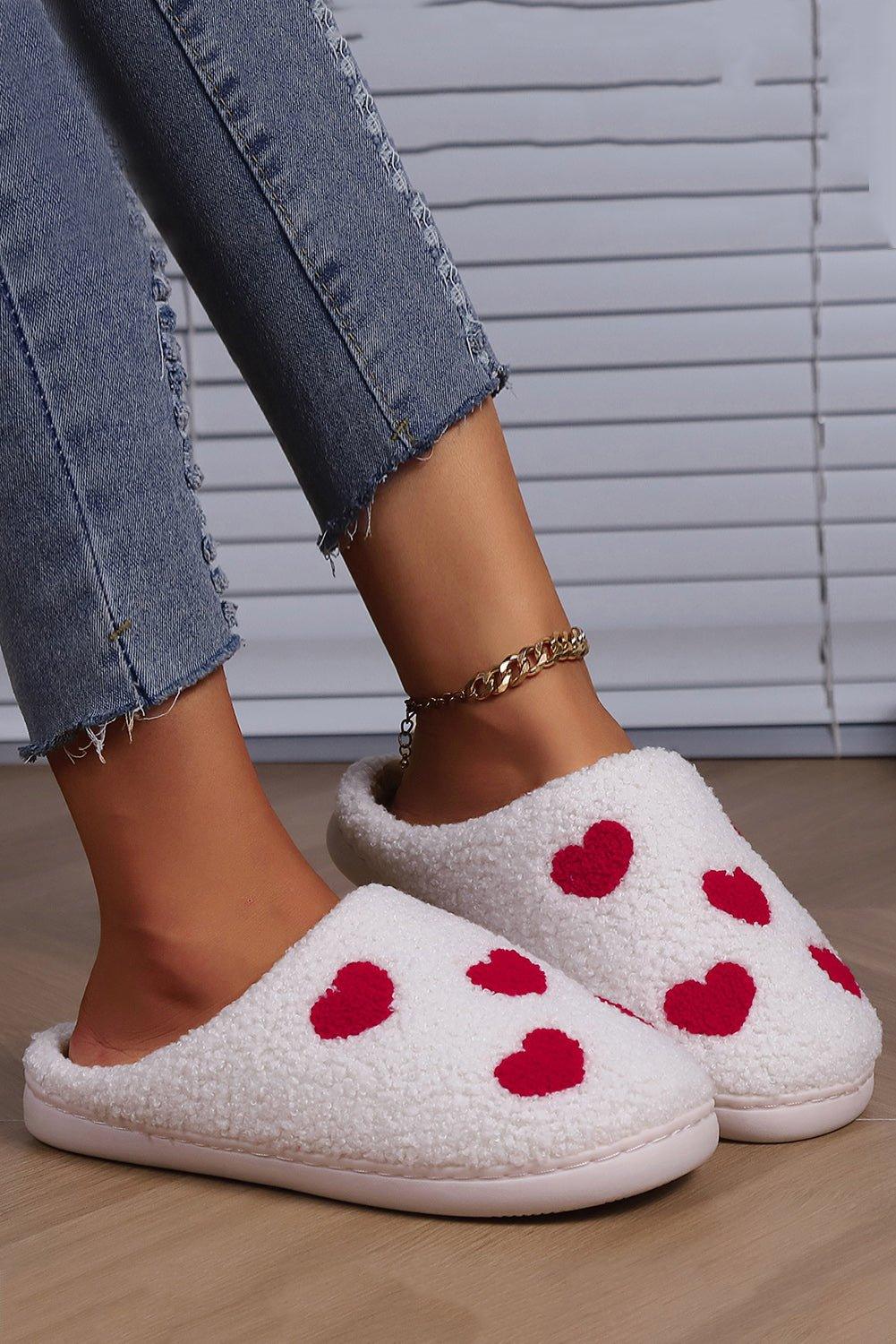 Red Hearts Valentines White Plush Slippers - Klazzi Fashion Boutique