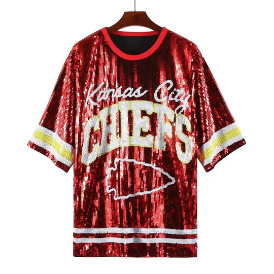  Red KANSAS Football Sequin Shirt Dress