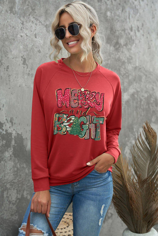 Red "MERRY and BRIGHT" Christmas Tree Sweatshirt - Klazzi Fashion Boutique