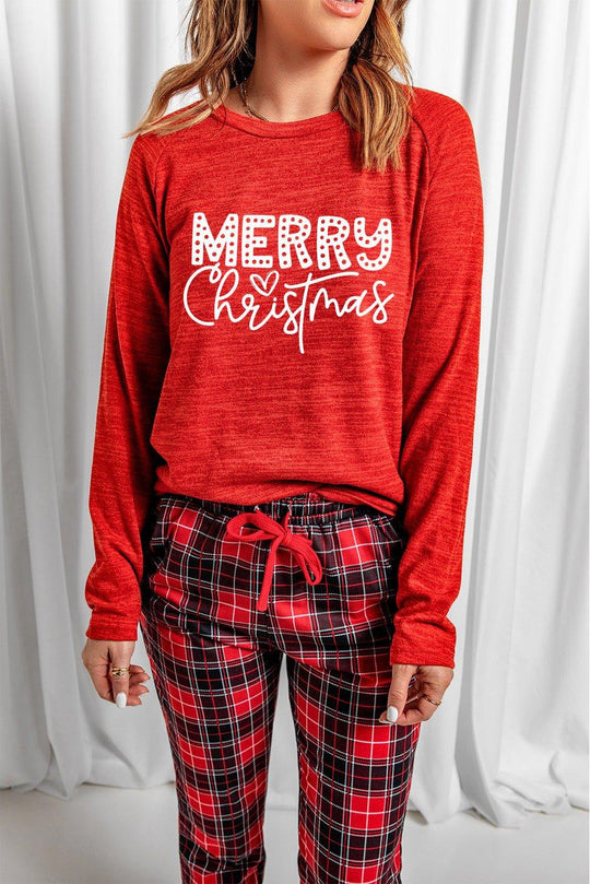 Red "MERRY Christmas" Graphic Plaid Pajama Set - Klazzi Fashion Boutique