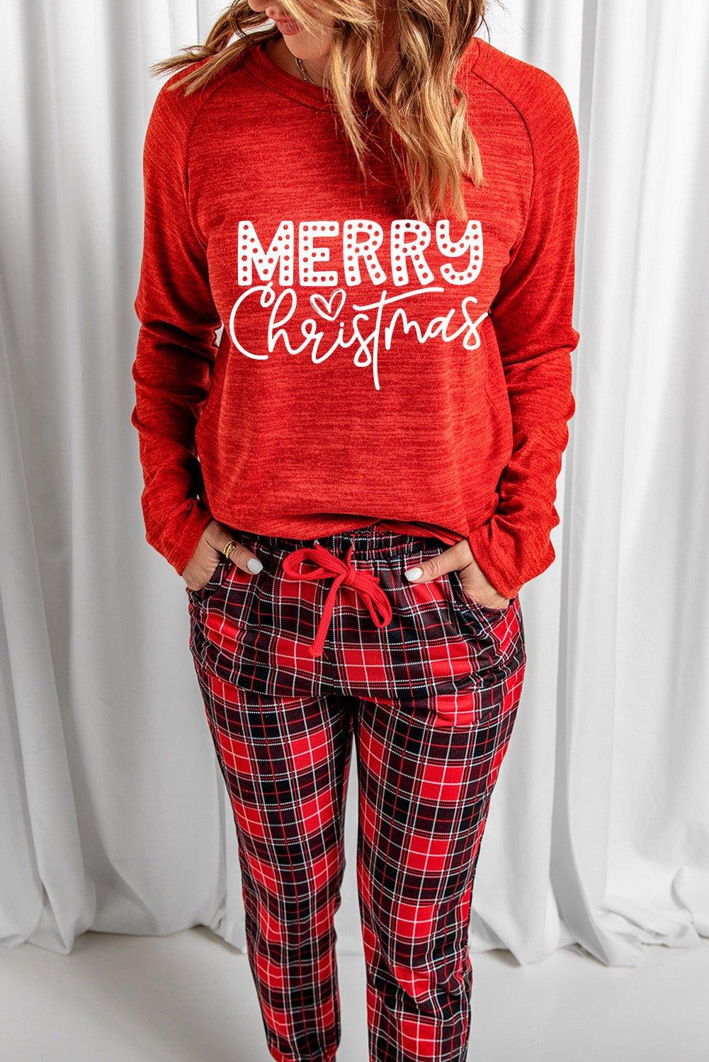 Red "MERRY Christmas" Graphic Plaid Pajama Set - Klazzi Fashion Boutique