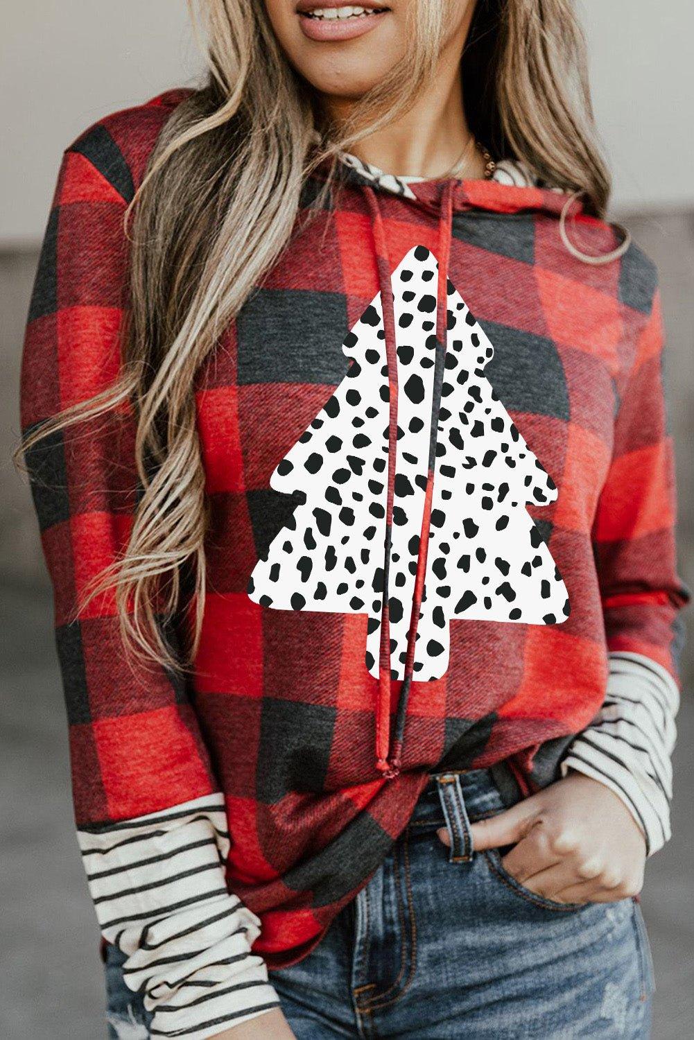 Red Plaid Leopard Christmas Tree Hoodie - Klazzi Fashion Boutique