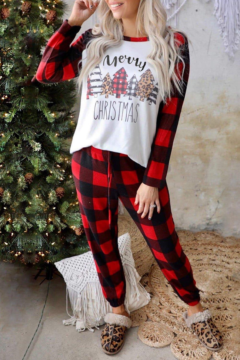 Red Plaid "Merry Christmas" Casual Pajama Set - Klazzi Fashion Boutique