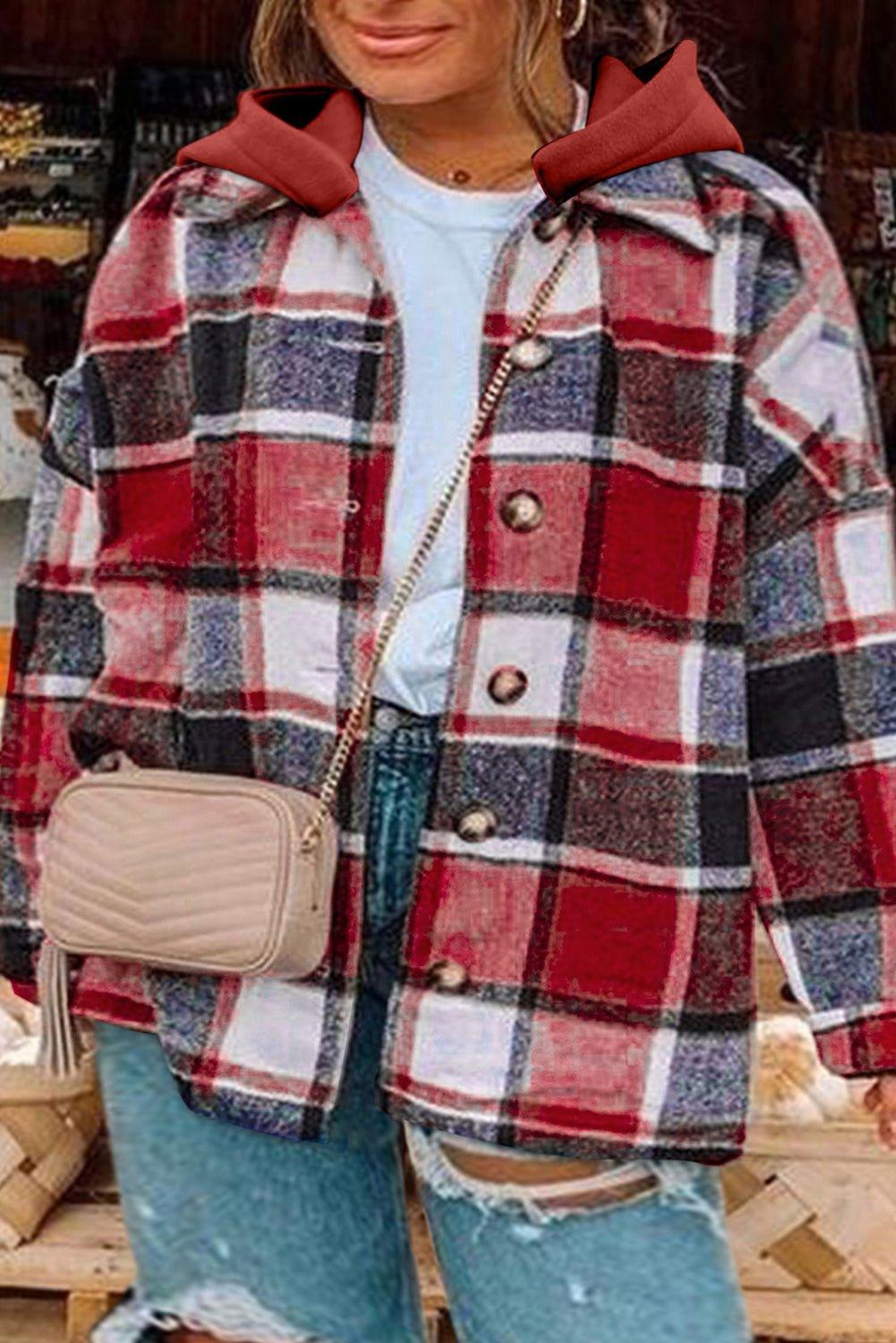 Red Plus Size Plaid Hooded Shacket