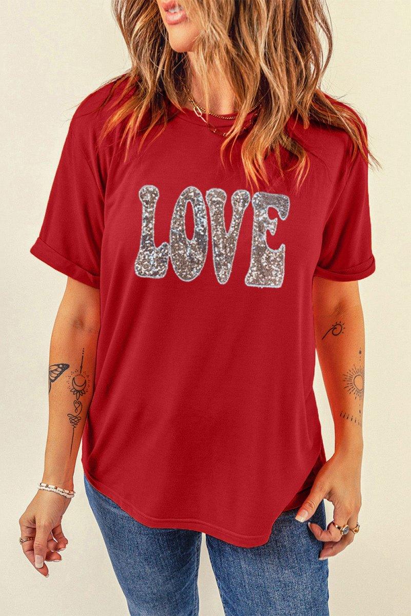 Red Sequined LOVE Valentines T-shirt - Klazzi Fashion Boutique