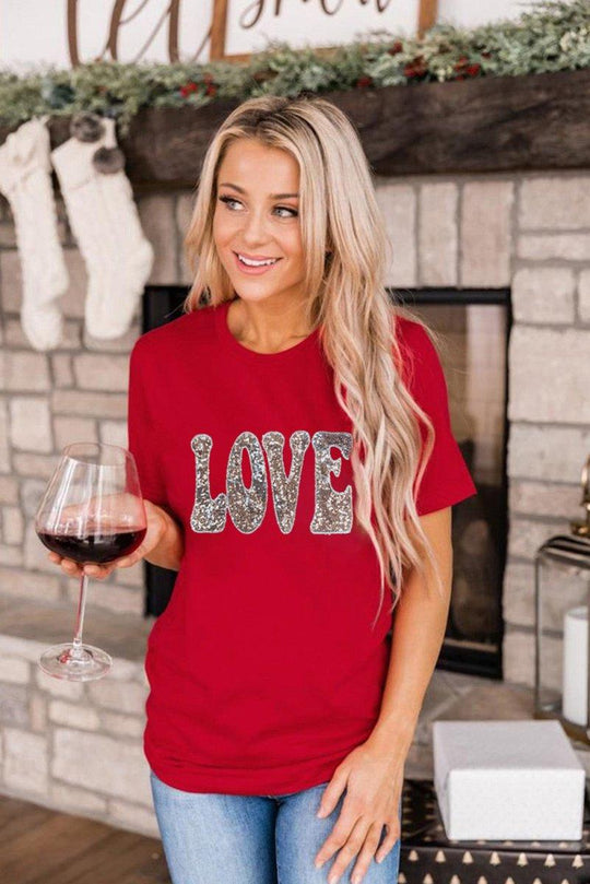 Red Sequined LOVE Valentines T-shirt - Klazzi Fashion Boutique