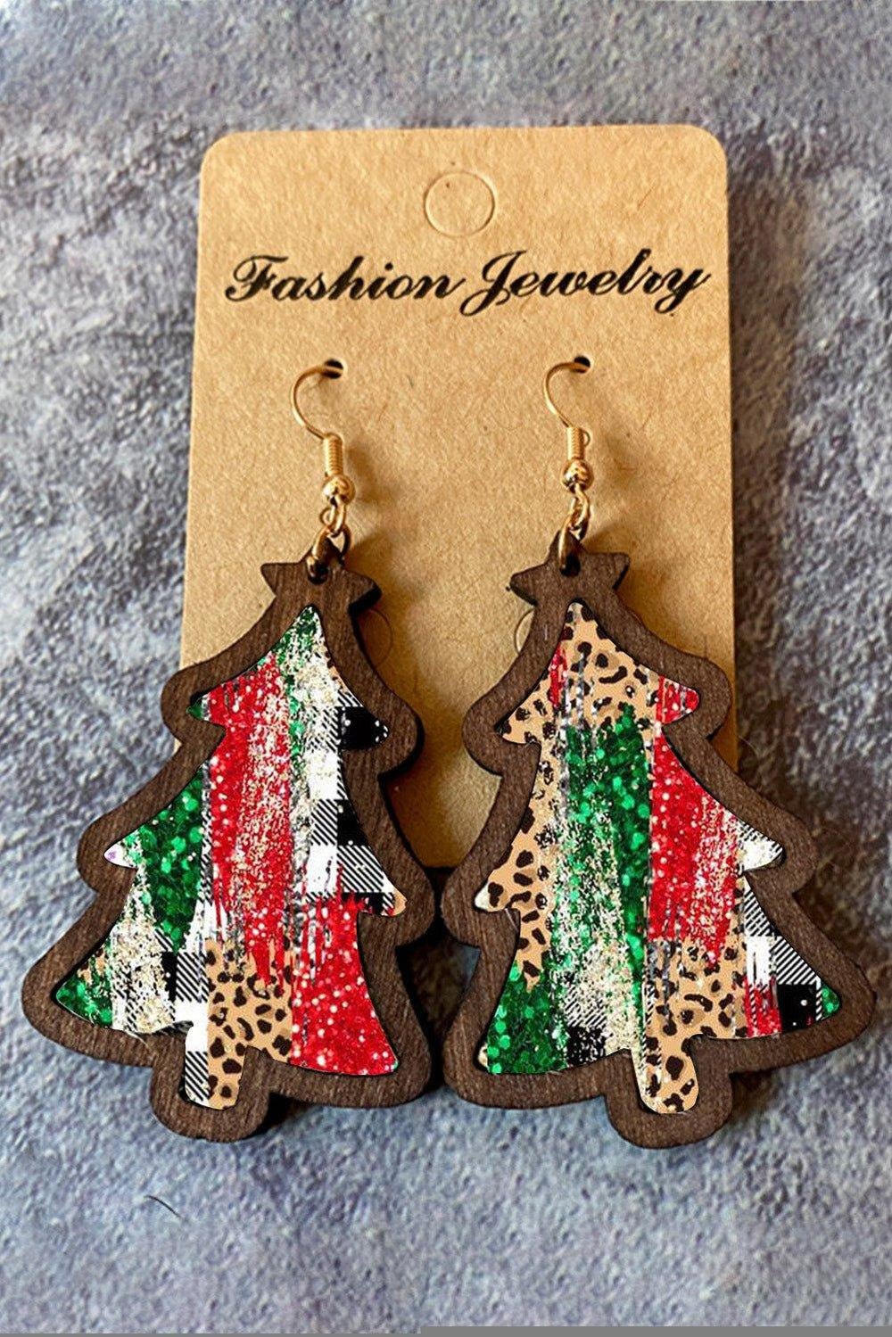 Red Shade Of Leopard Plaid Christmas Tree Earrings - Klazzi Fashion Boutique