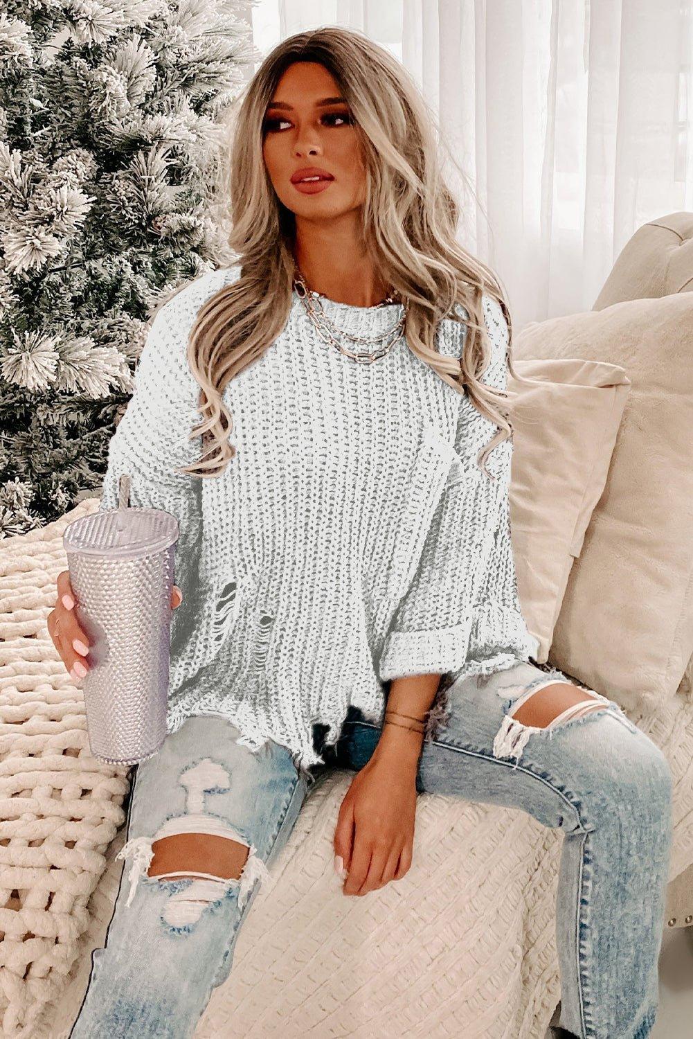 Ripped Fringy Chunky Sweater - Klazzi Fashion Boutique