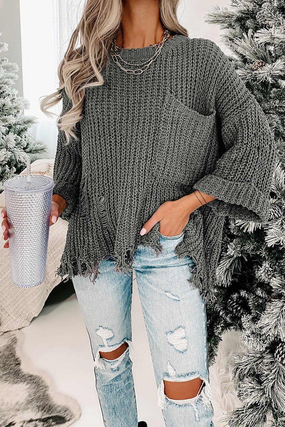 Ripped Fringy Chunky Sweater - Klazzi Fashion Boutique