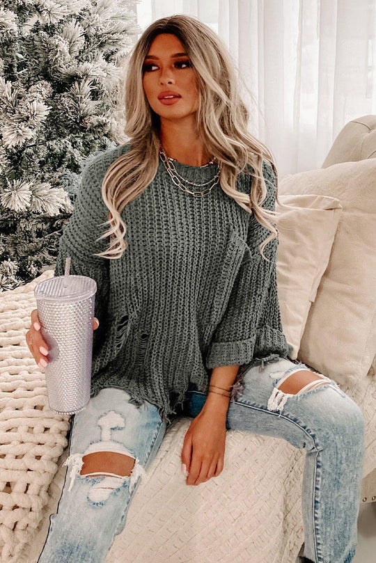 Ripped Fringy Chunky Sweater - Klazzi Fashion Boutique