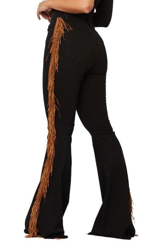 Rodeo Doll Black Fringe Bell Bottom Jeans - Klazzi Fashion Boutique