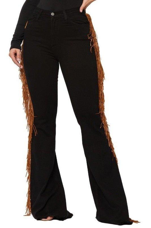 Rodeo Doll Black Fringe Bell Bottom Jeans - Klazzi Fashion Boutique