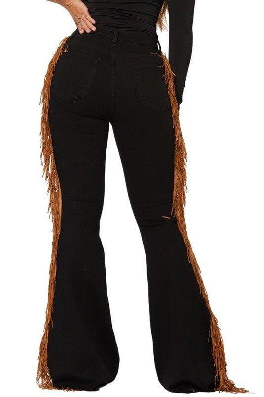 Rodeo Doll Black Fringe Bell Bottom Jeans - Klazzi Fashion Boutique