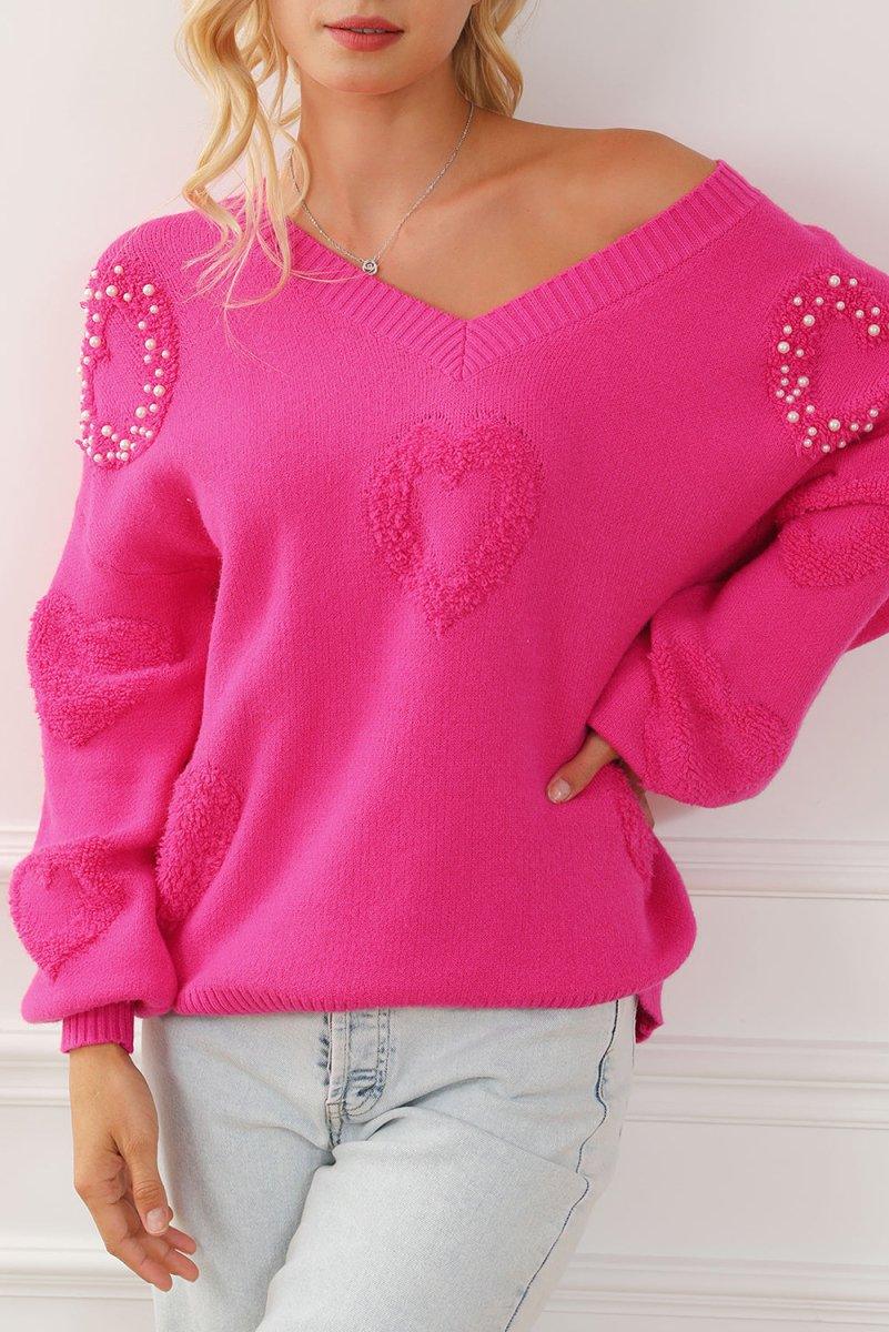 Rose Pearl Heart Embellished Fuzzy Sweater - Klazzi Fashion Boutique