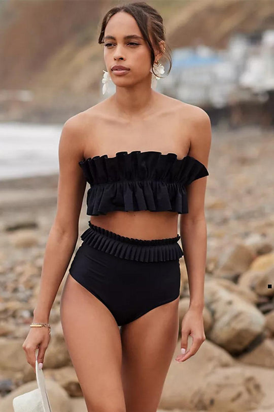 Ruffled Black Tie Back Two-Piece Swim Set