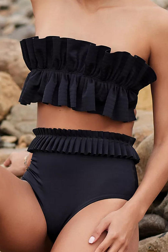 Ruffled Black Tie Back Two-Piece Swim Set