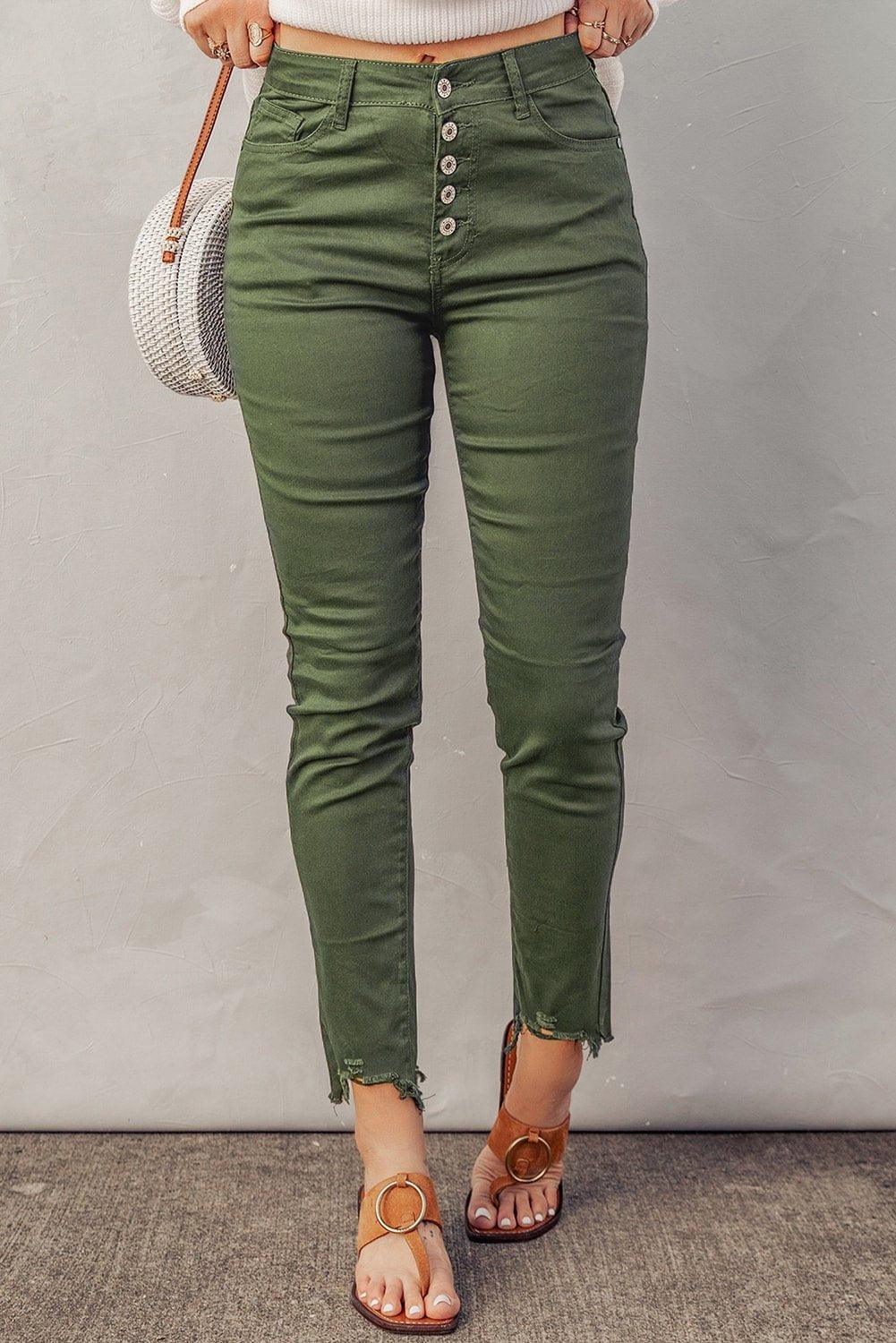 Sage Green Frayed Denim Jeans - Klazzi Fashion Boutique