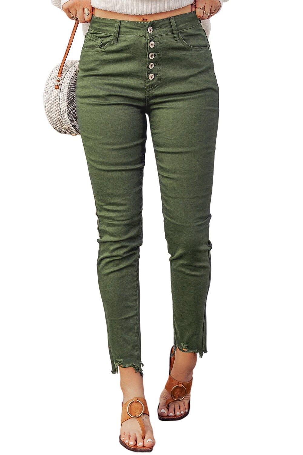 Sage Green Frayed Denim Jeans - Klazzi Fashion Boutique