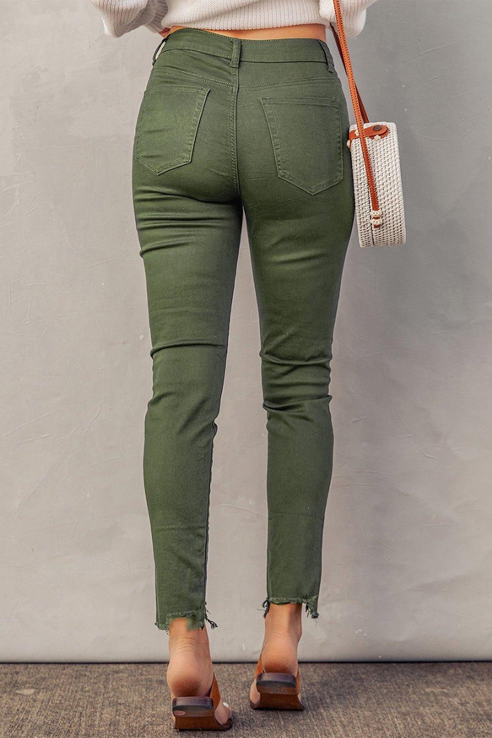 Sage Green Frayed Denim Jeans - Klazzi Fashion Boutique