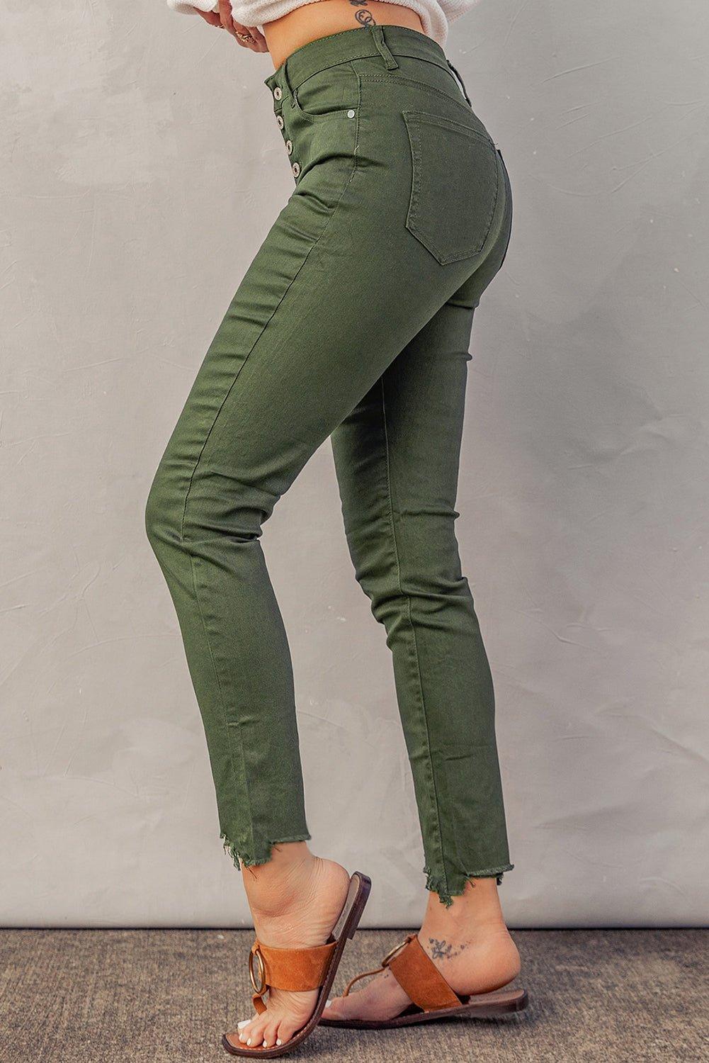 Sage Green Frayed Denim Jeans - Klazzi Fashion Boutique