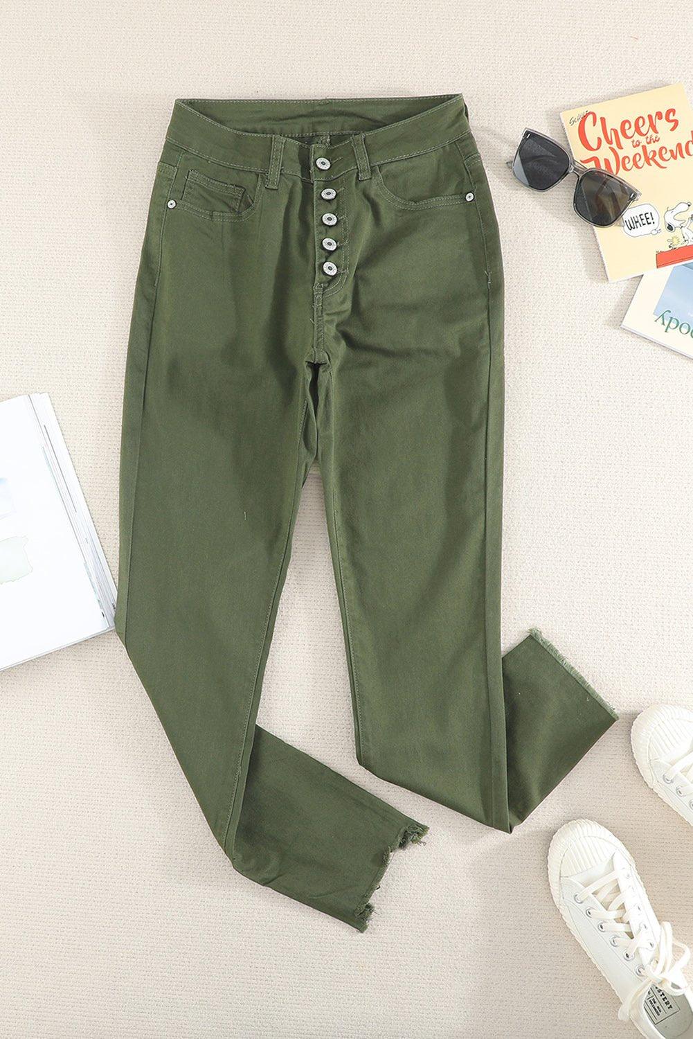 Sage Green Frayed Denim Jeans - Klazzi Fashion Boutique