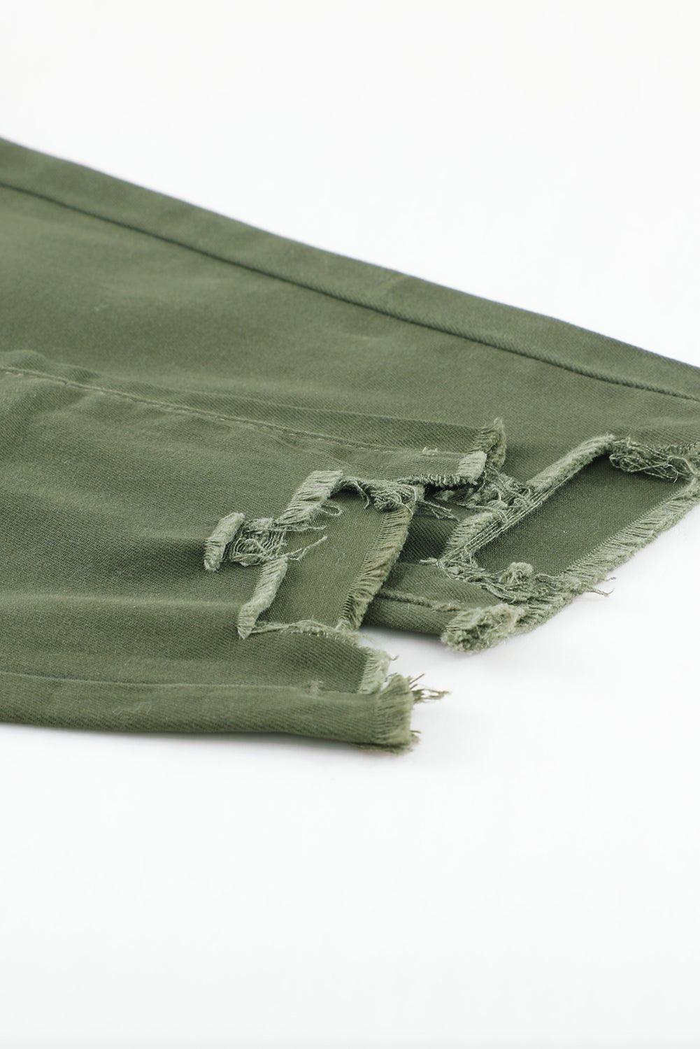 Sage Green Frayed Denim Jeans - Klazzi Fashion Boutique