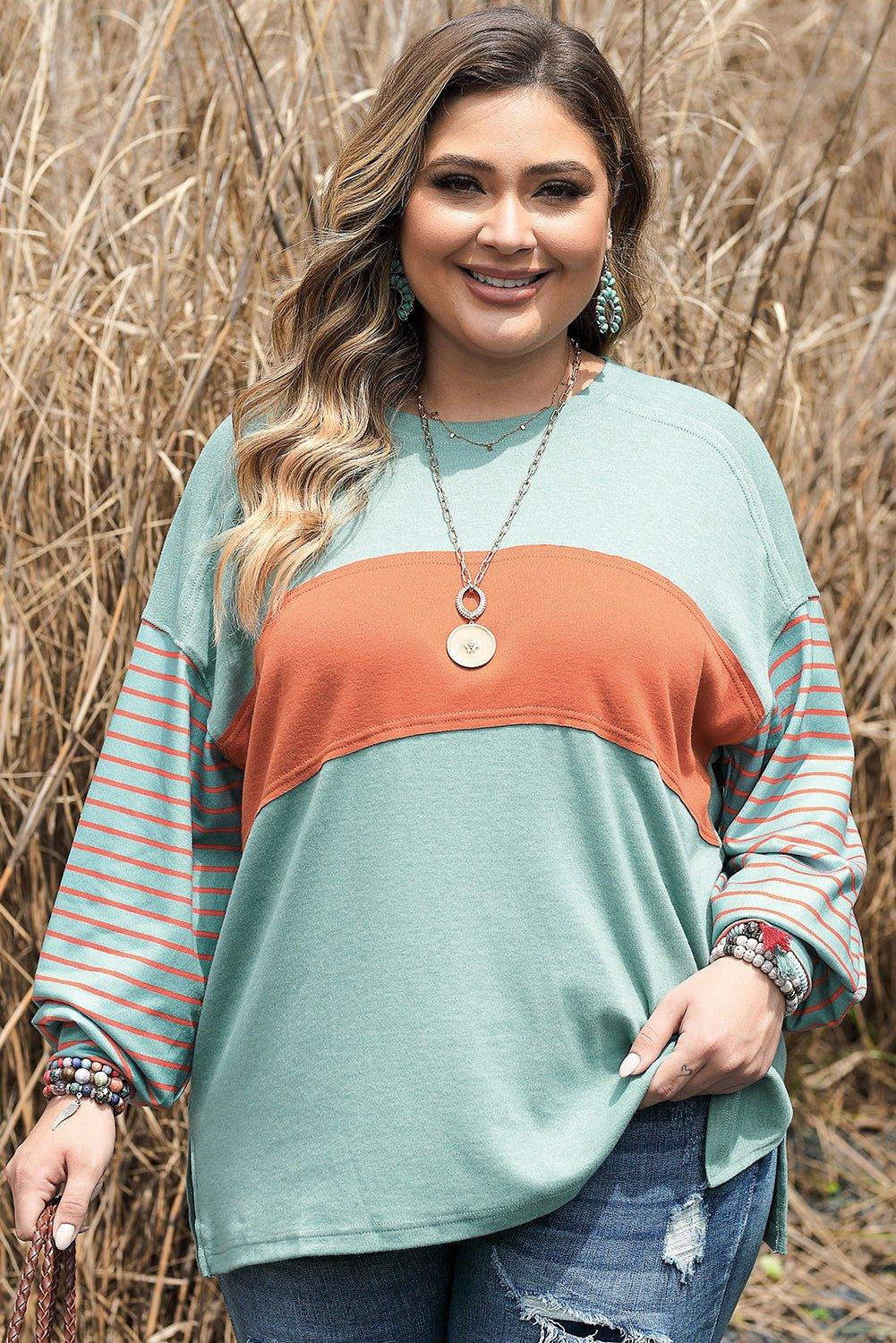 Sage Green Plus Size Striped Long Sleeve Shirt - Klazzi Fashion Boutique