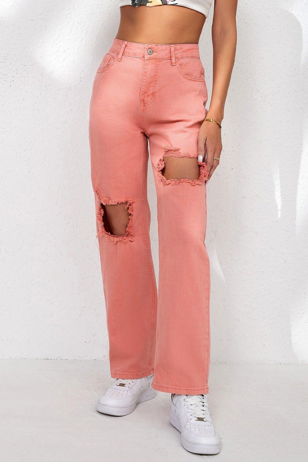 Salmon High Waist Ripped Straight Leg Jeans - Klazzi Fashion Boutique