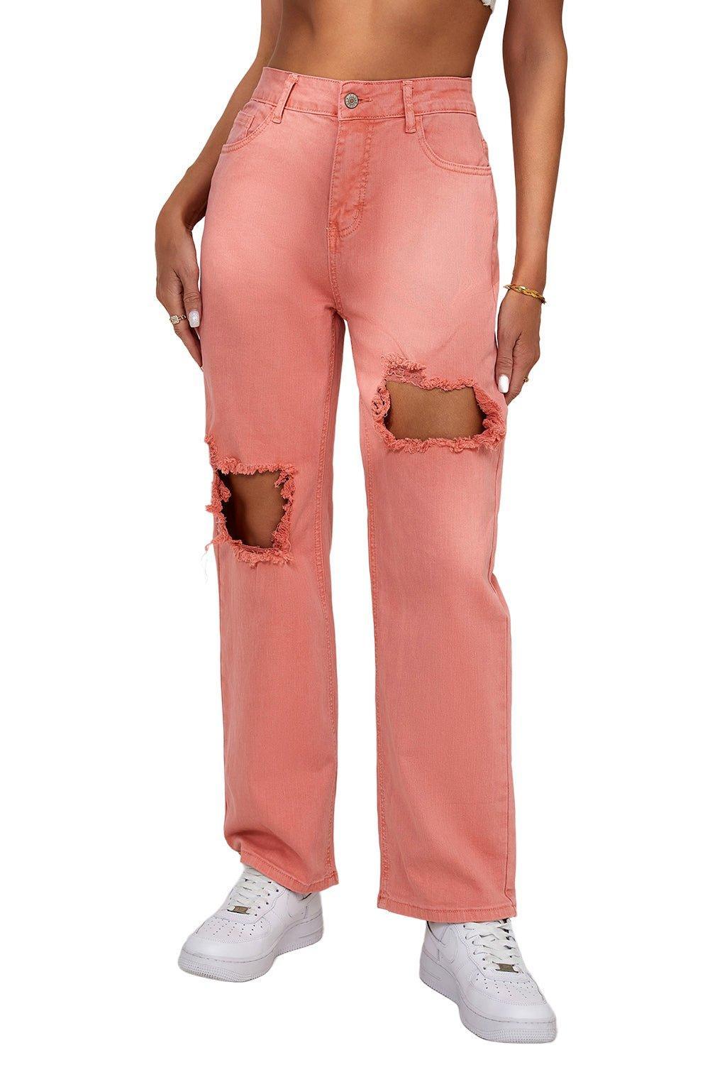 Salmon High Waist Ripped Straight Leg Jeans - Klazzi Fashion Boutique