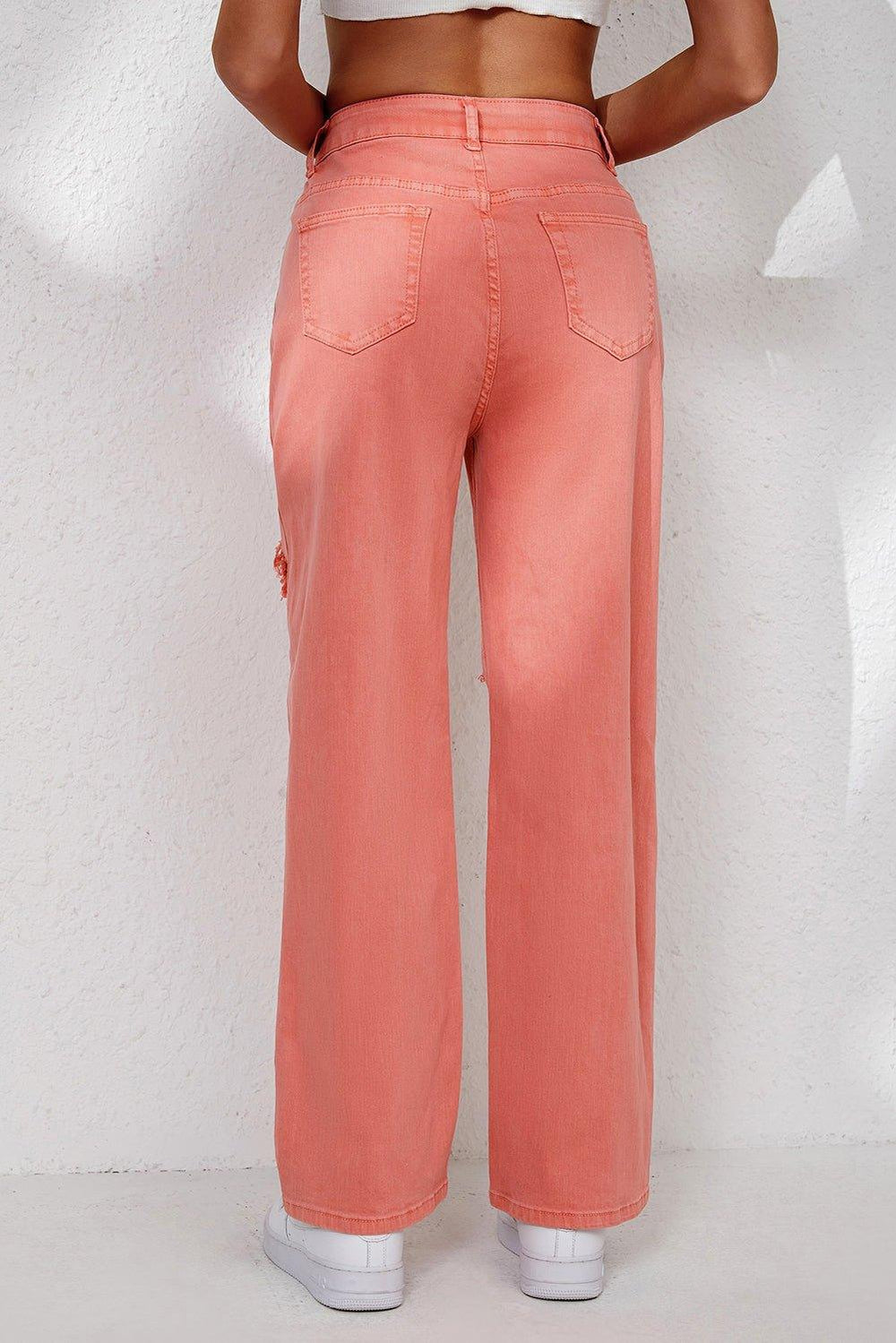 Salmon High Waist Ripped Straight Leg Jeans - Klazzi Fashion Boutique